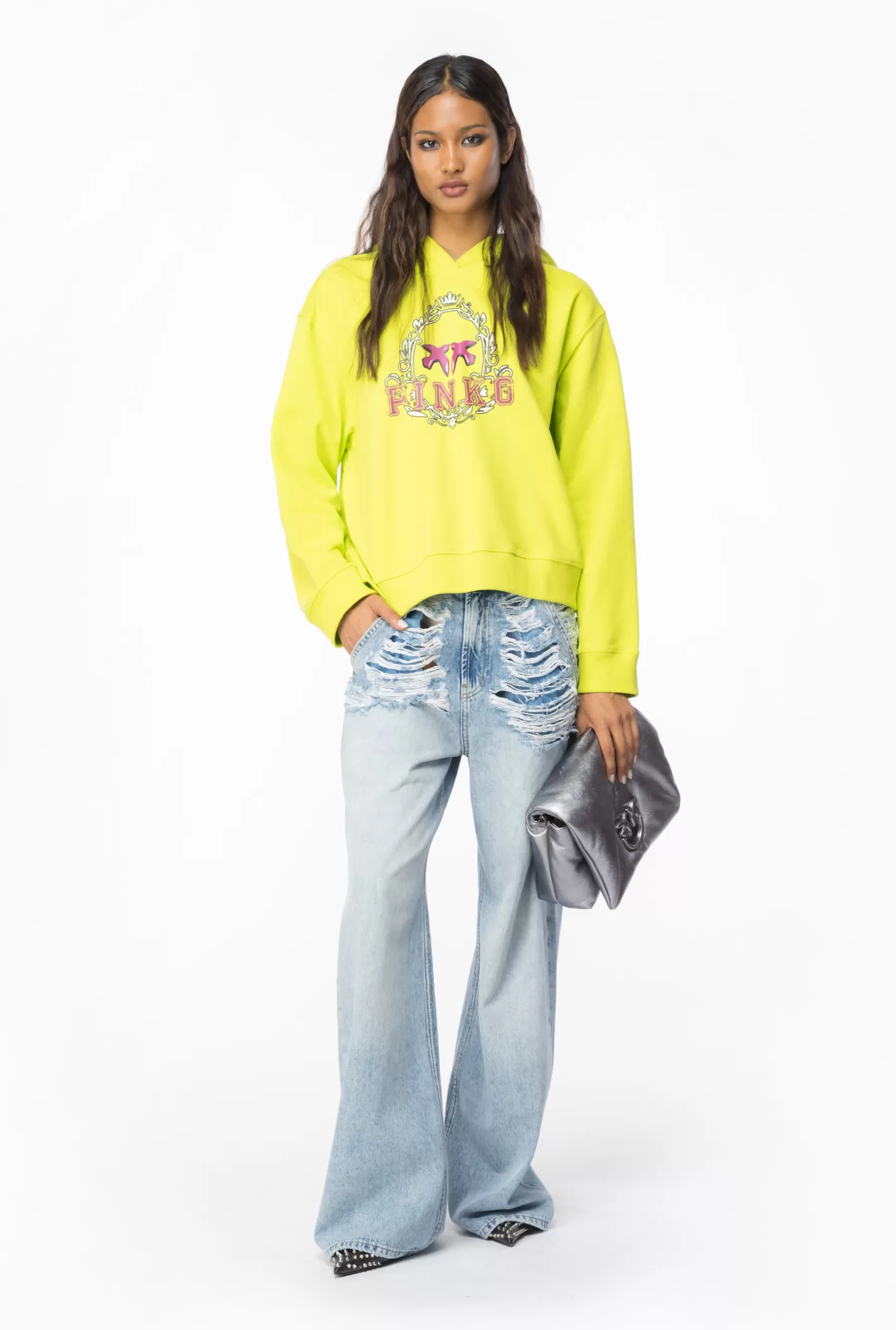 Pinko Felpa con cappuccio e stampa Vintage Frame GIALLO  LIME Cheap