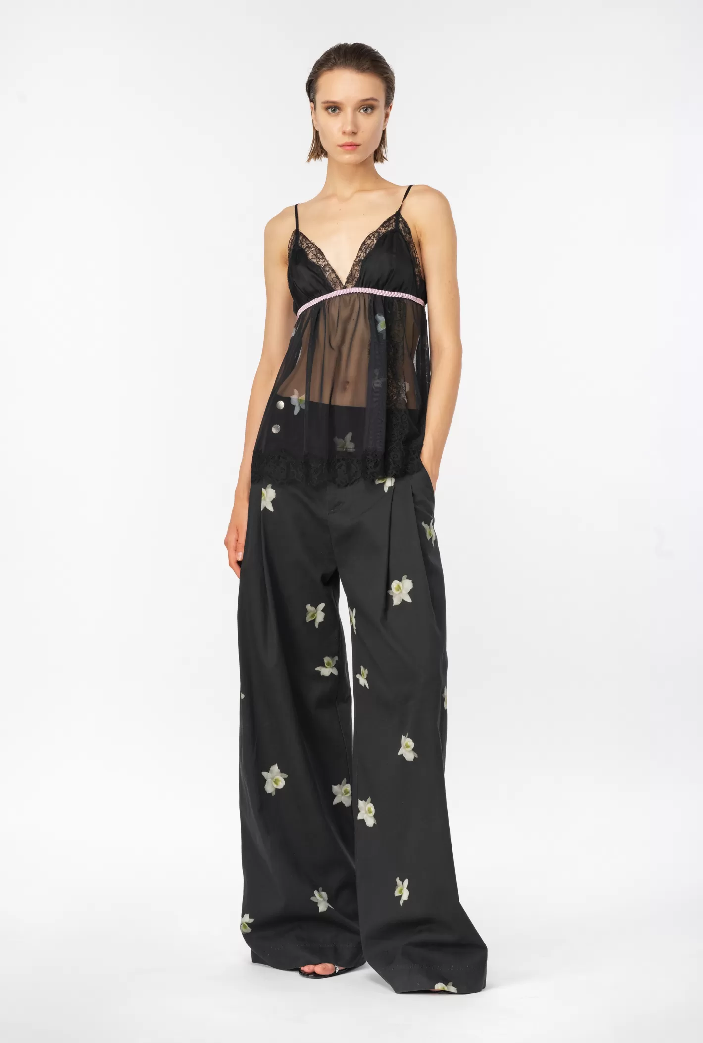Pinko Pantaloni ampi stampa orchidea Reimagine by Patrick McDowell NERO/BIANCO Store