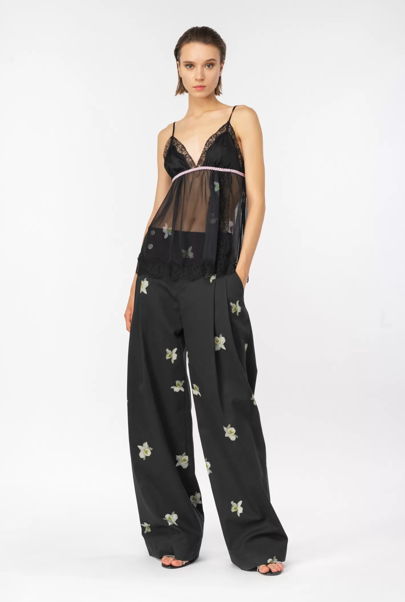 Pinko Pantaloni ampi stampa orchidea Reimagine by Patrick McDowell NERO/BIANCO Store