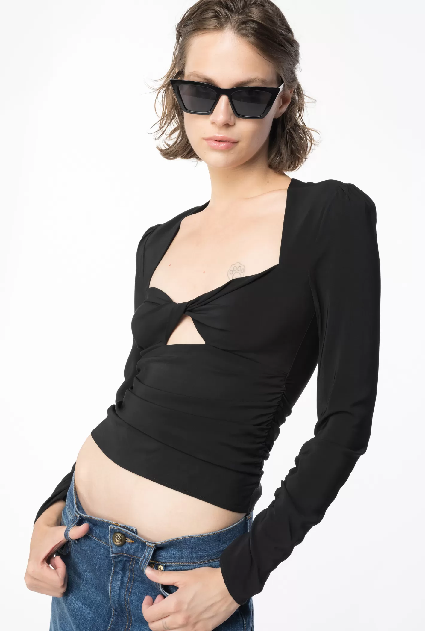 Pinko Top in georgette dettaglio torchon NERO LIMOUSINE Store